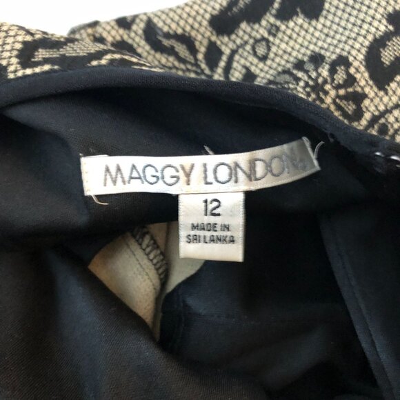 Maggy London Dress A Line Faux Lace Overlay Floral Sleeveless Black Beige 12 - Picture 3 of 4